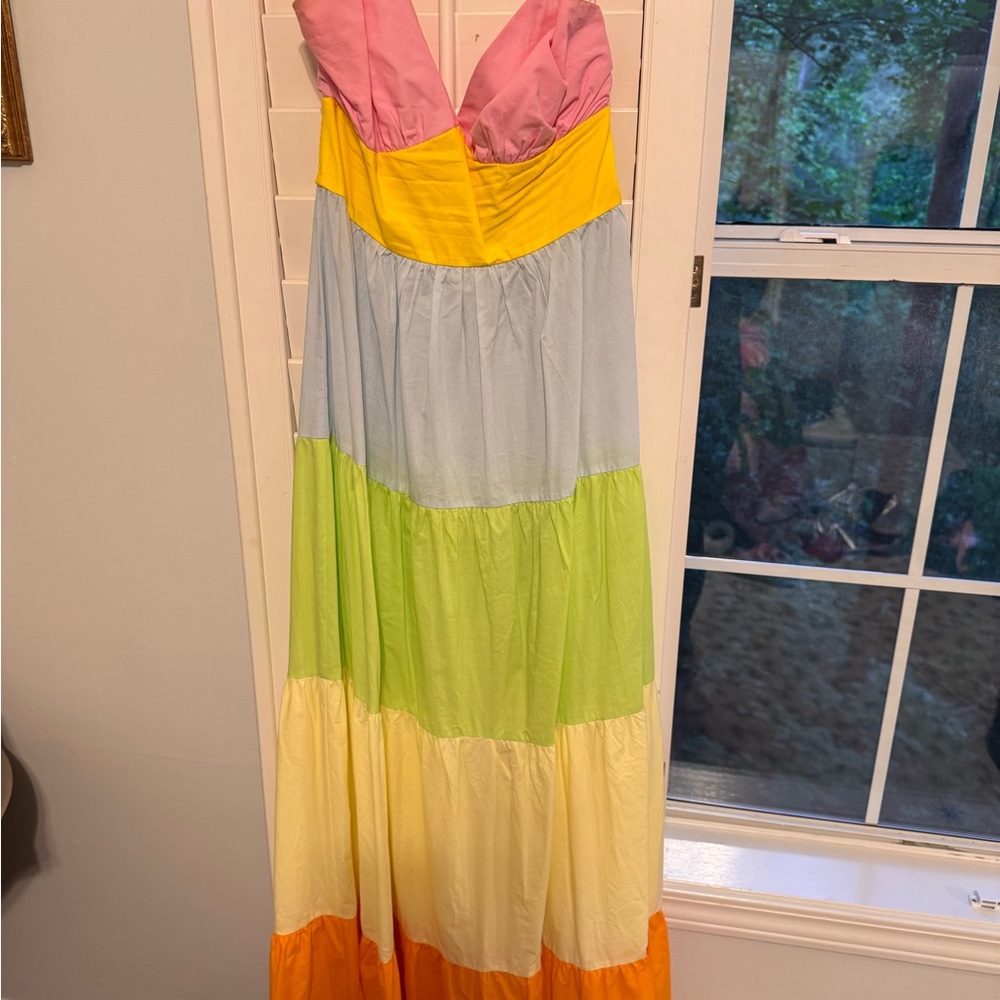 Colorblock Tiered Maxi Dress in Pink, Yellow, Blue, Green and Orange